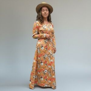 Vintage Floral Satin Boho Maxi Long Sleeve Dress Flowery Fall Dress Neutral